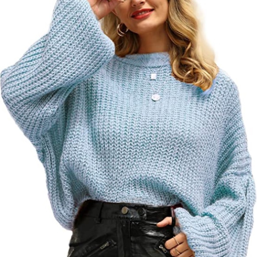 Simplee Oversized Cropped Sweater Lantern Long Sleeve Loose Knit blue Pullover
